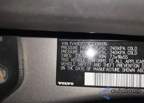 2012 Volvo Xc60 T6/T6 Platinum/T6 Premier Plus/T6 R-Design/T6 R-Design Platinum/T6 R-Design Premier Plus z USA, uszkodzony, nr VIN YV4902DZ9C2306695